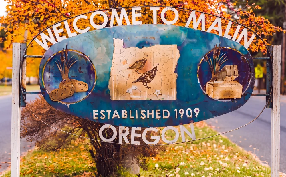 The painted metal town sign reading Welcome to Malin, Established 1909, Oregon, surrounded by autumn foliage