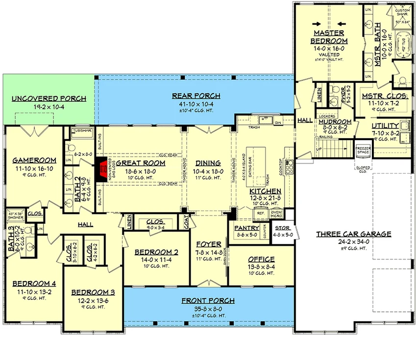 Floor plan sheet 1 of 2 for the Bluebonnet, a 3,611 square foot custom home